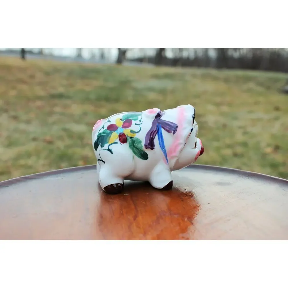 Vintage Ceramic Piggy Bank Hand Decorated Smiling Pig Drain Plug Nursery Decor